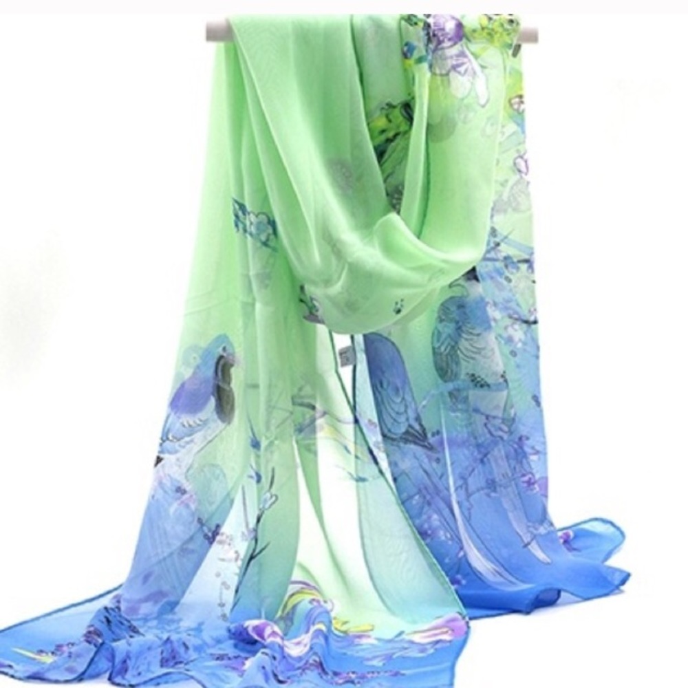 Beautiful Blue & Green Chiffon Floral Scarf. - Picture 2 of 8