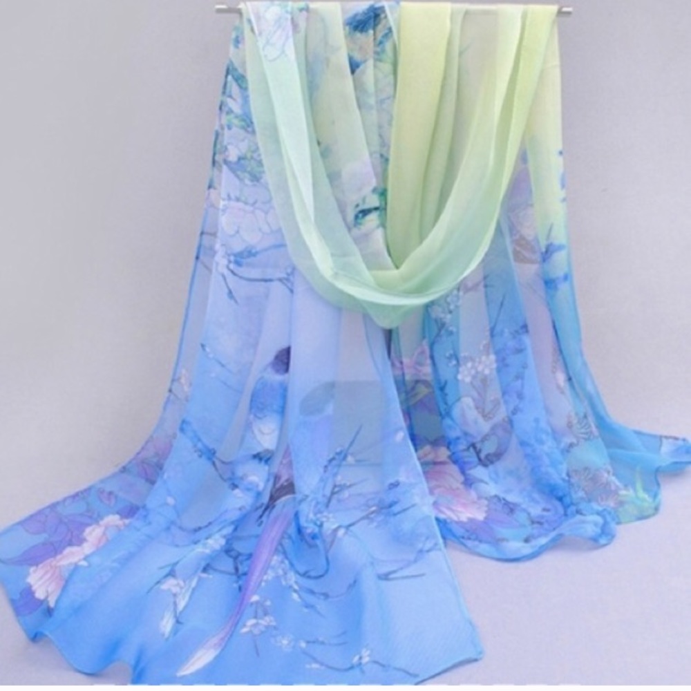 Beautiful Blue & Green Chiffon Floral Scarf. - Picture 3 of 8