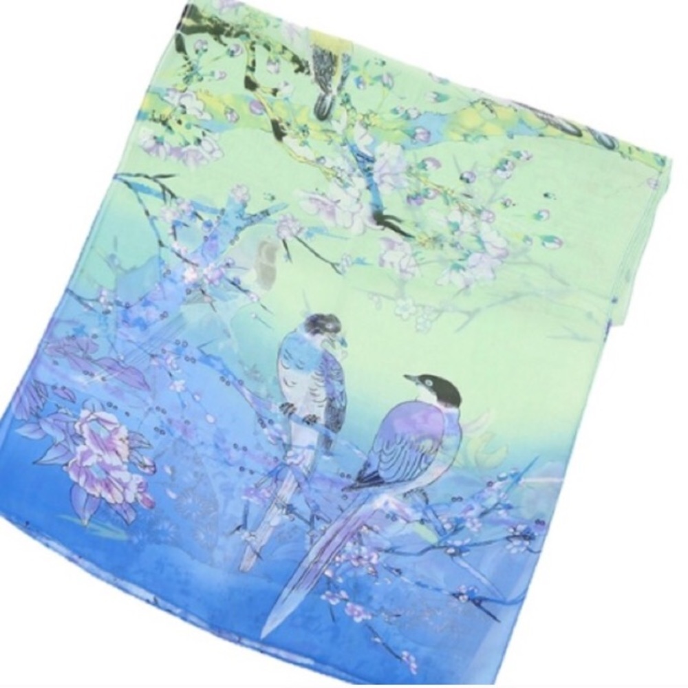 Beautiful Blue & Green Chiffon Floral Scarf. - Picture 6 of 8