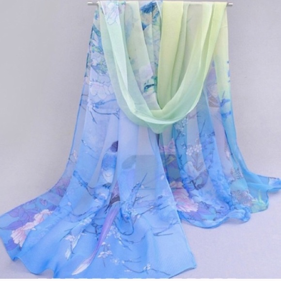 Beautiful Blue & Green Chiffon Floral Scarf. - Picture 3 of 8