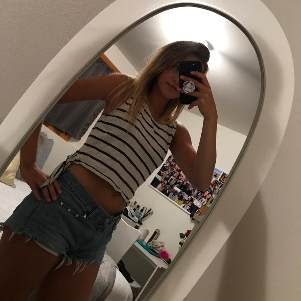 Maroon and gray striped tank top with tied sides.