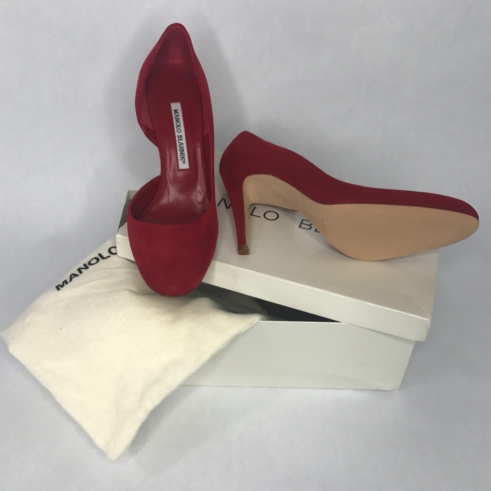 Manolo Blahnik red suede pumps