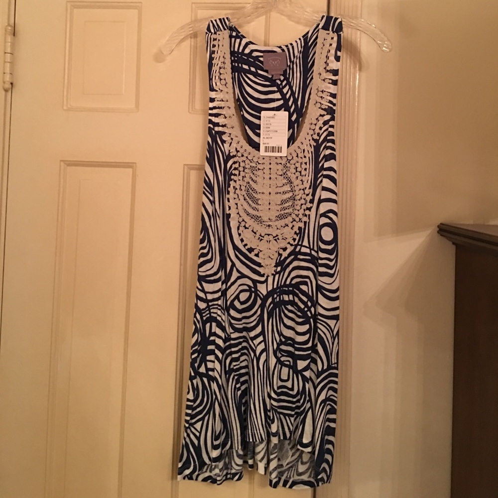 White and smokey blue rayon tank w/crochet detail.