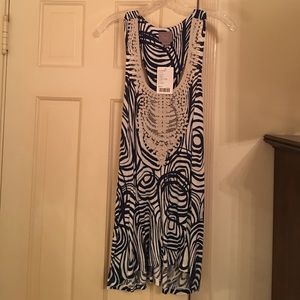 White and smokey blue rayon tank w/crochet detail.