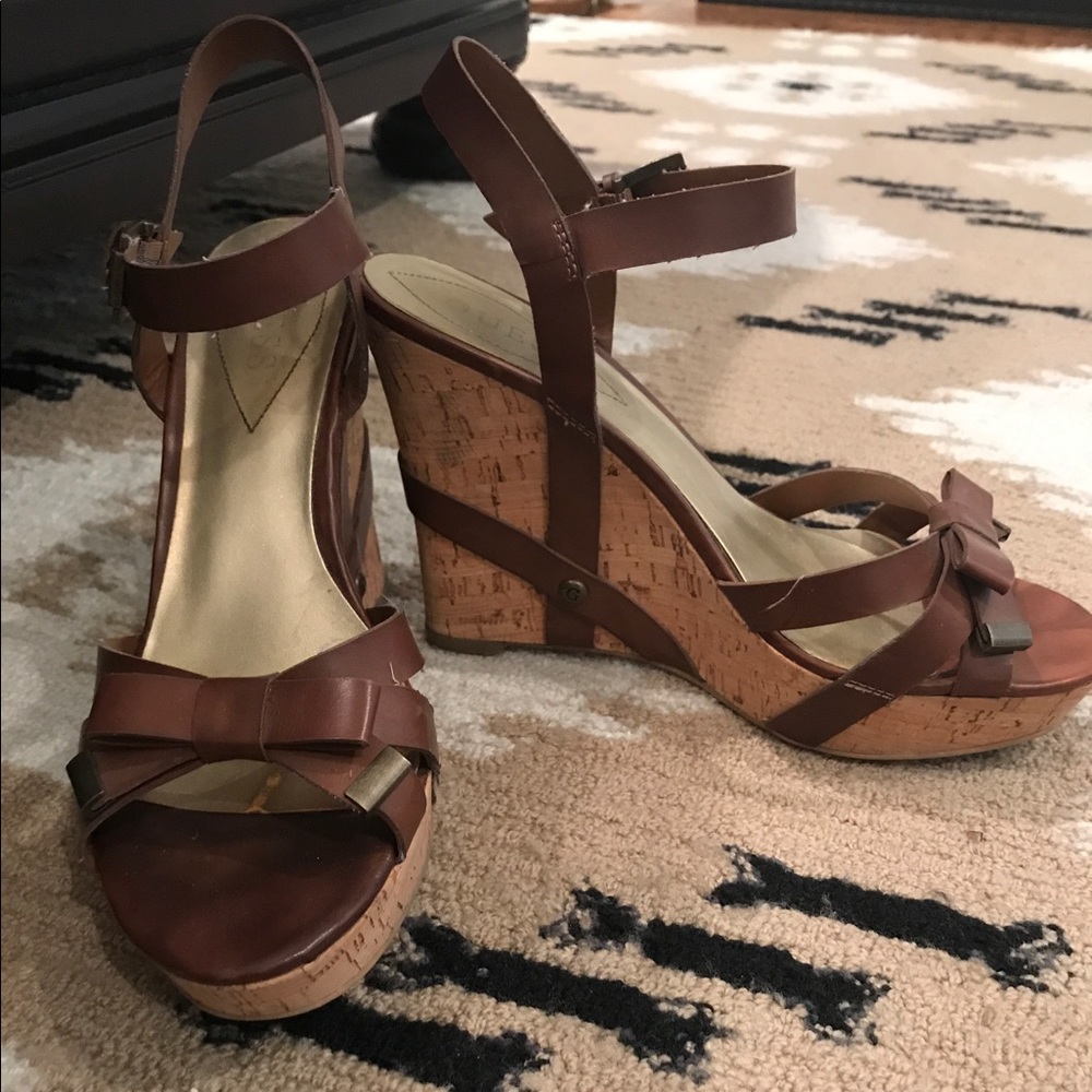 Guess Bow Leather Wedge Heels Brown 8.5