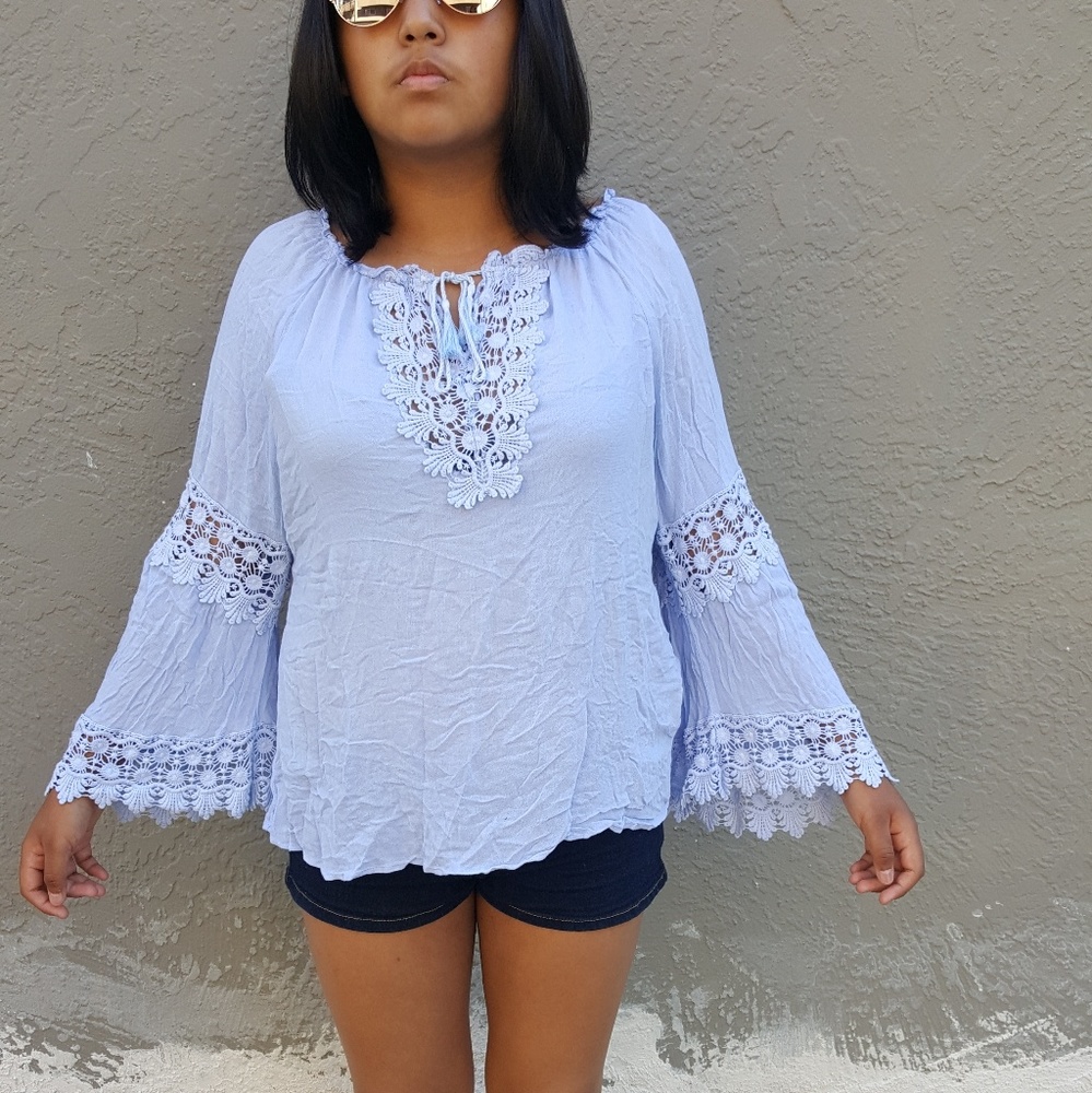 POWDER BLUE BELL SLEEVE BLOUSE