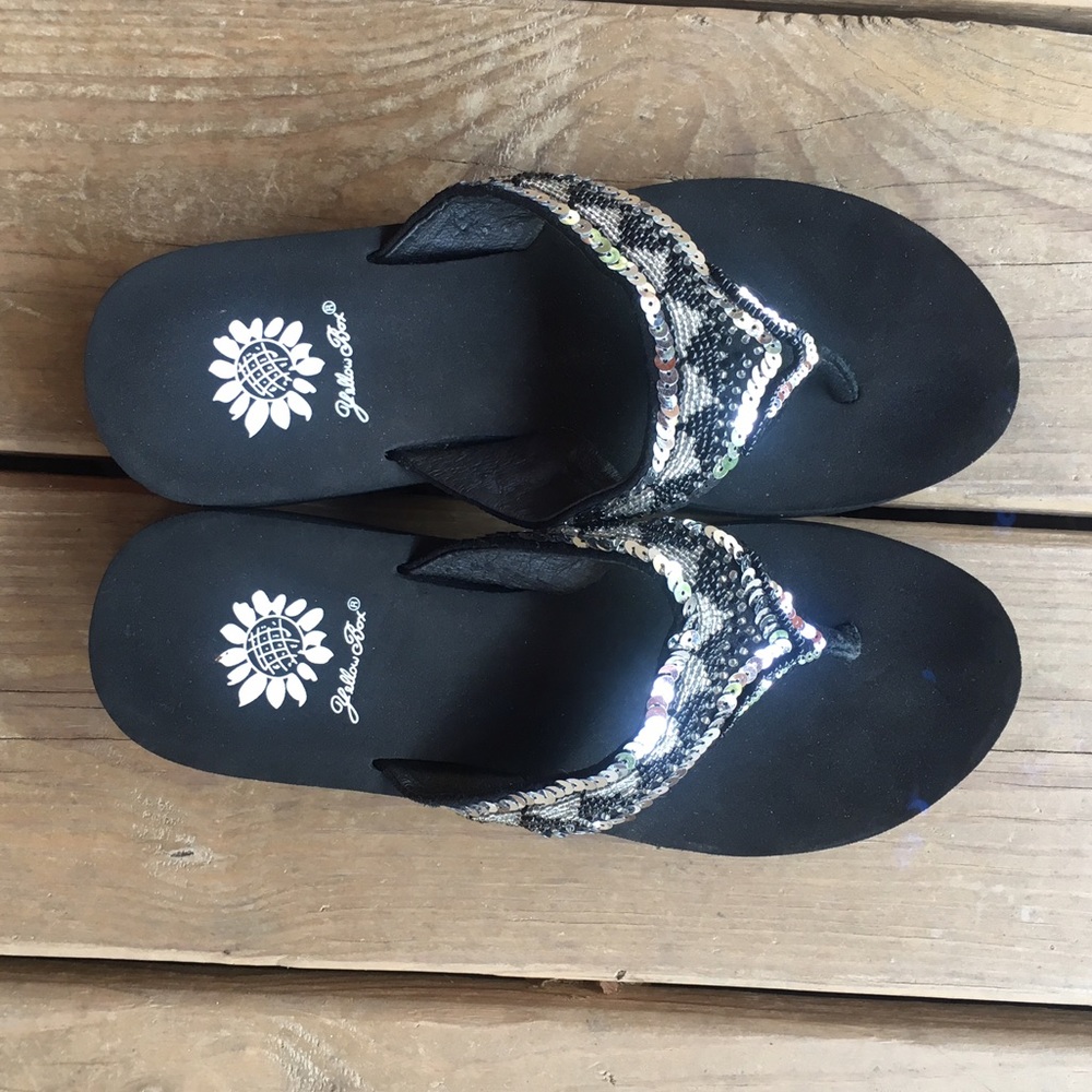 Yellow Box Sequin Wedge Flip Flops