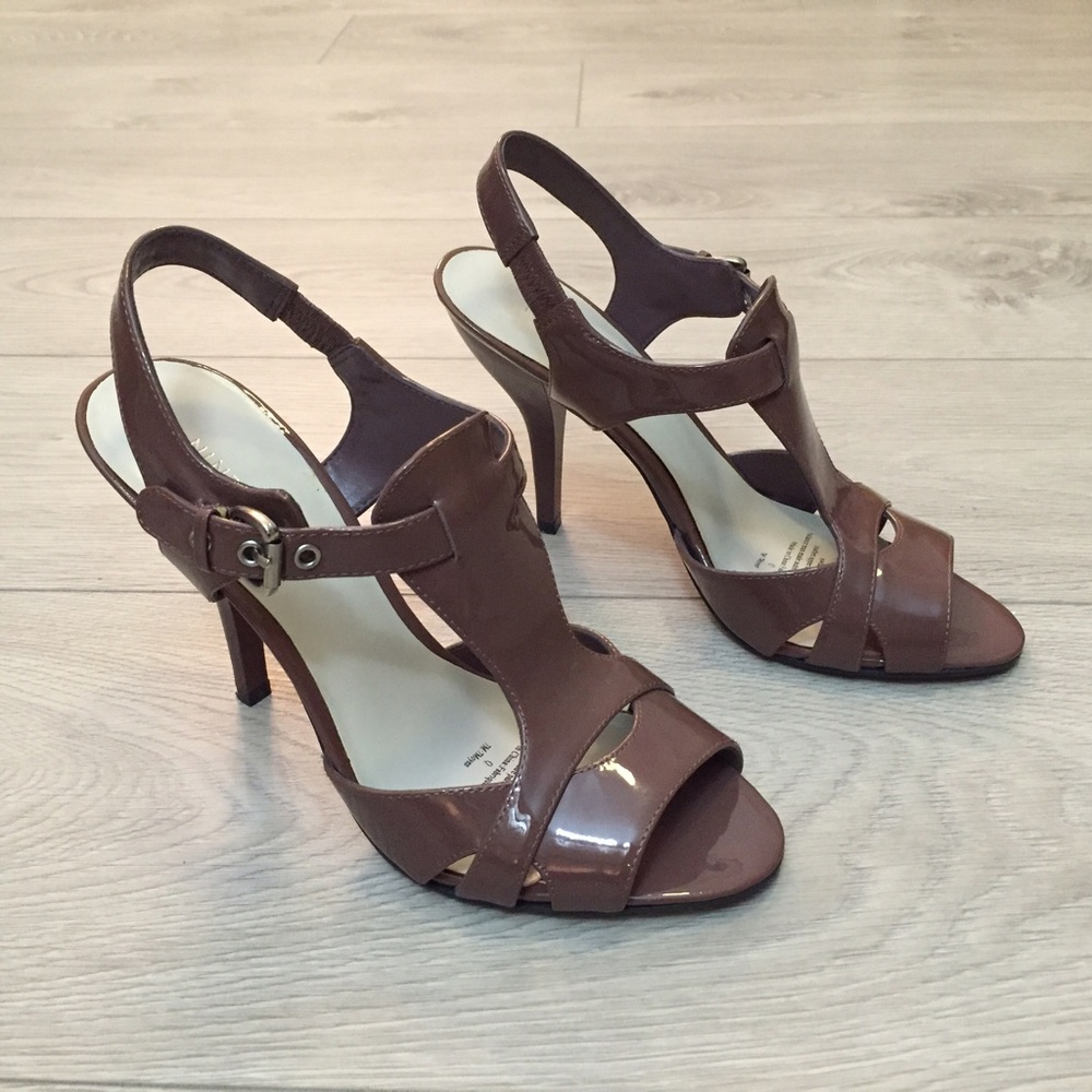 Patent Taupe Sandal Heels