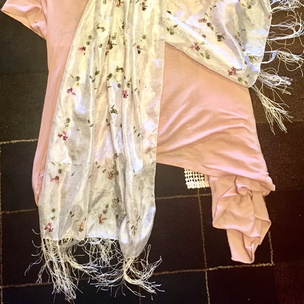 White Satin Scarf w small handstitched roses/vines