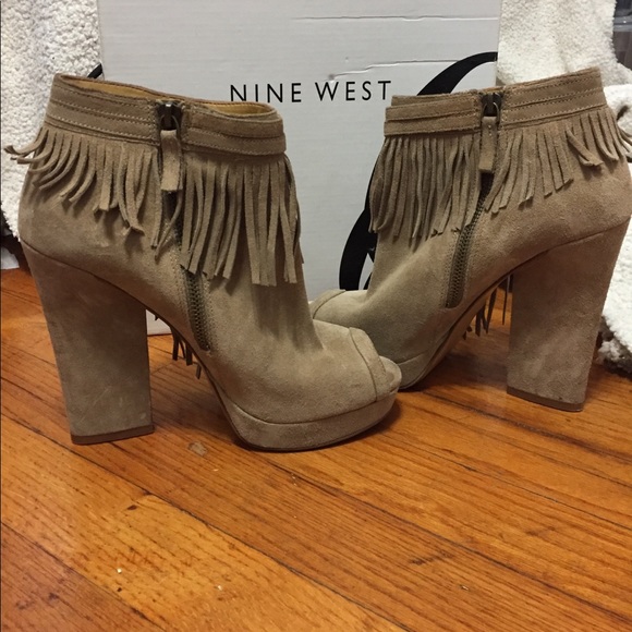Nine West Shoes - Suede Fringe Peep Toe Booties