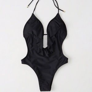 A&F deep v ruffle black one-piece swimsuit