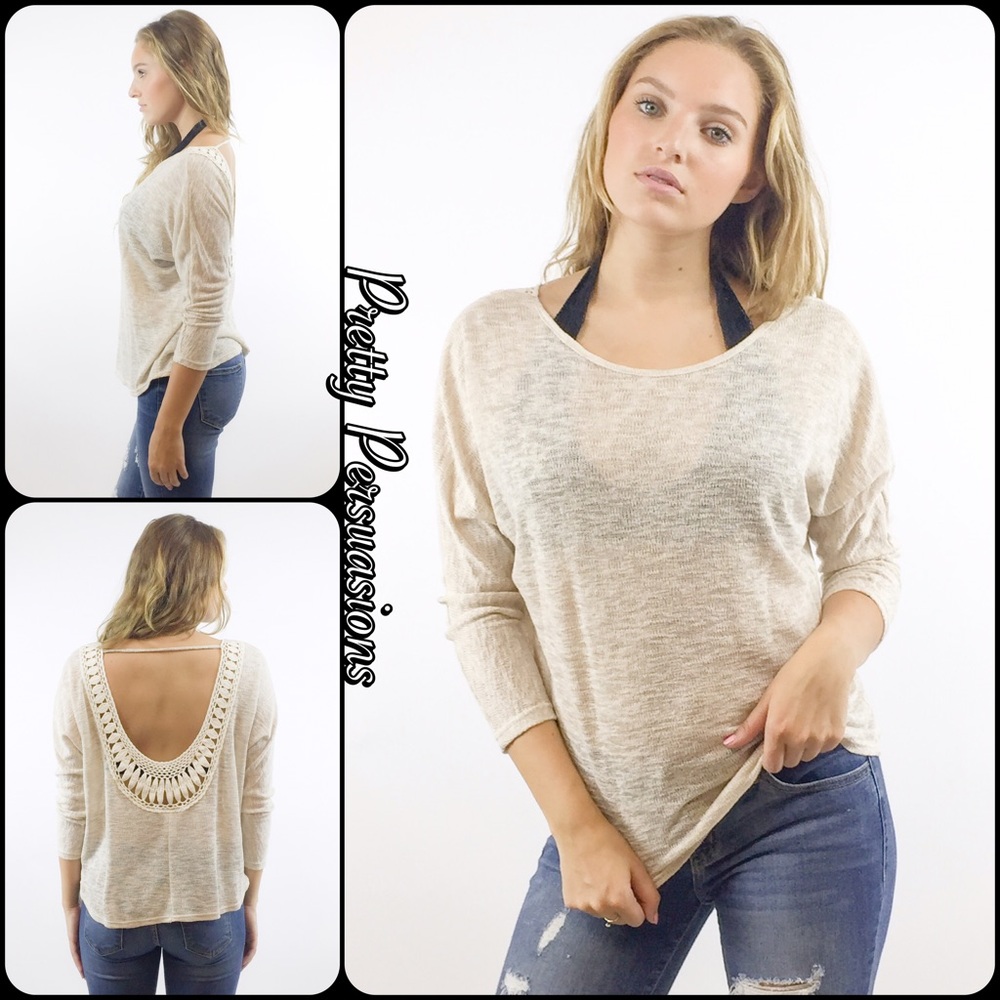 NWT Cream Crochet Scoop Back Long Slv Top - Picture 1 of 3