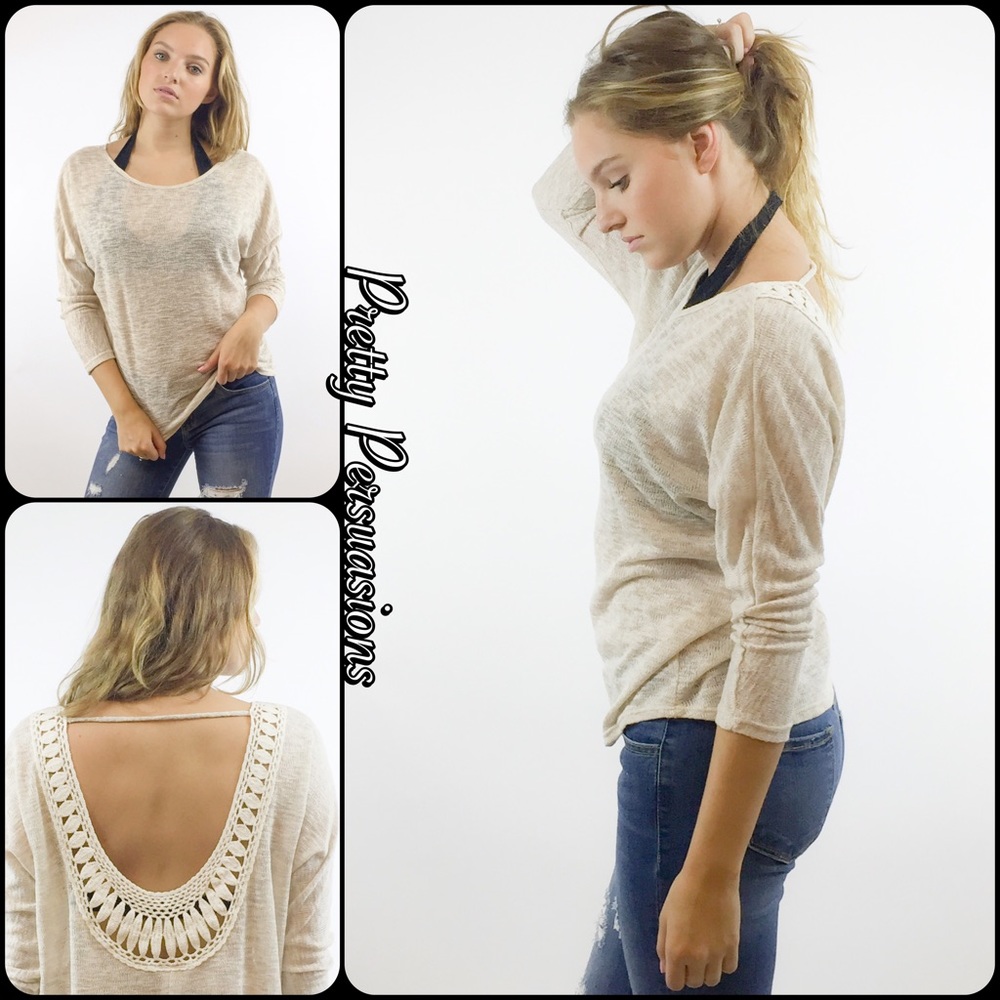 NWT Cream Crochet Scoop Back Long Slv Top - Picture 2 of 3