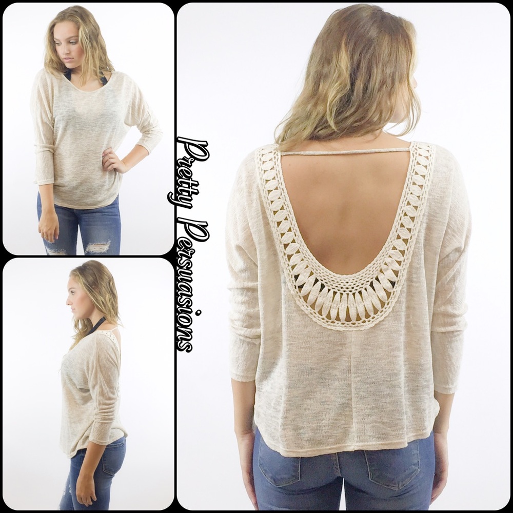 NWT Cream Crochet Scoop Back Long Slv Top - Picture 3 of 3
