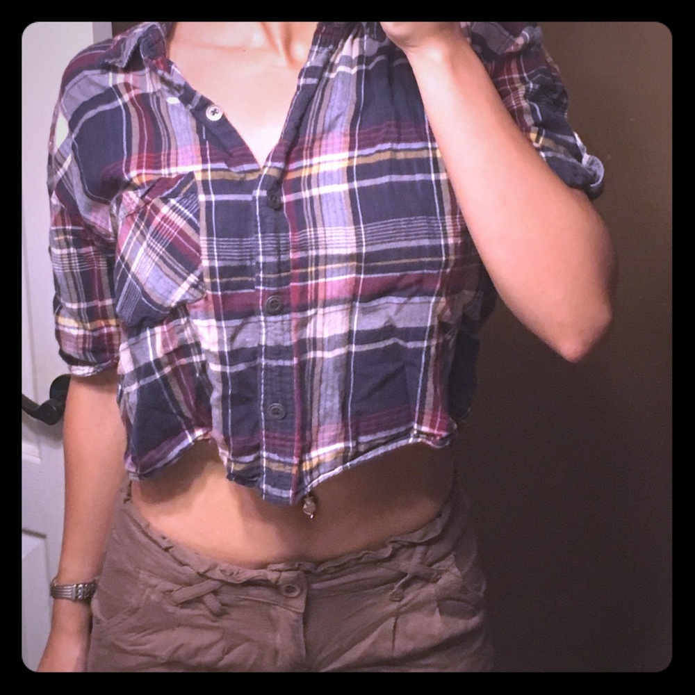 Faded blue/red plaid crop top.