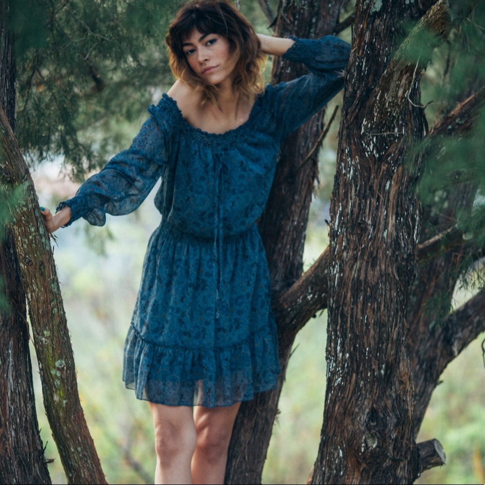Dusty blue off shoulder hippie soul dress