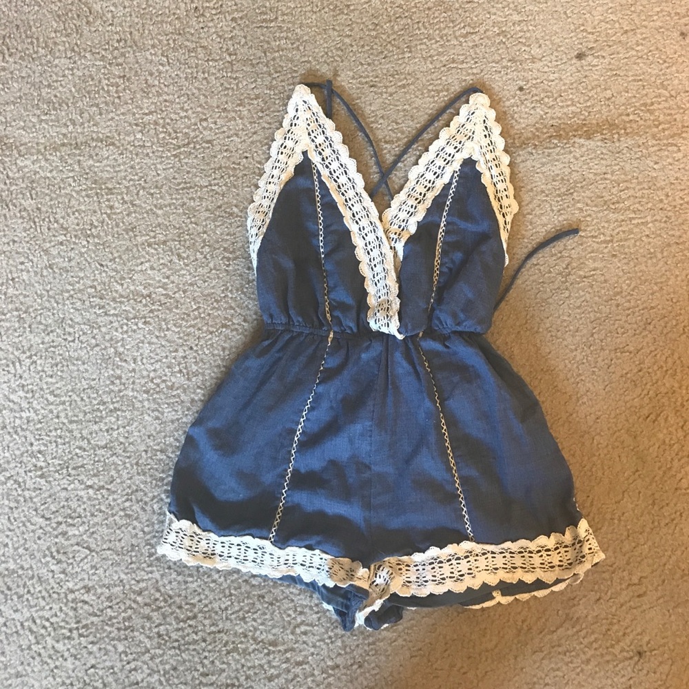 Cute crossback chambray boho romper w/ lace trim