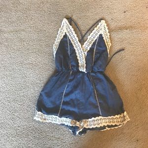 Cute crossback chambray boho romper w/ lace trim