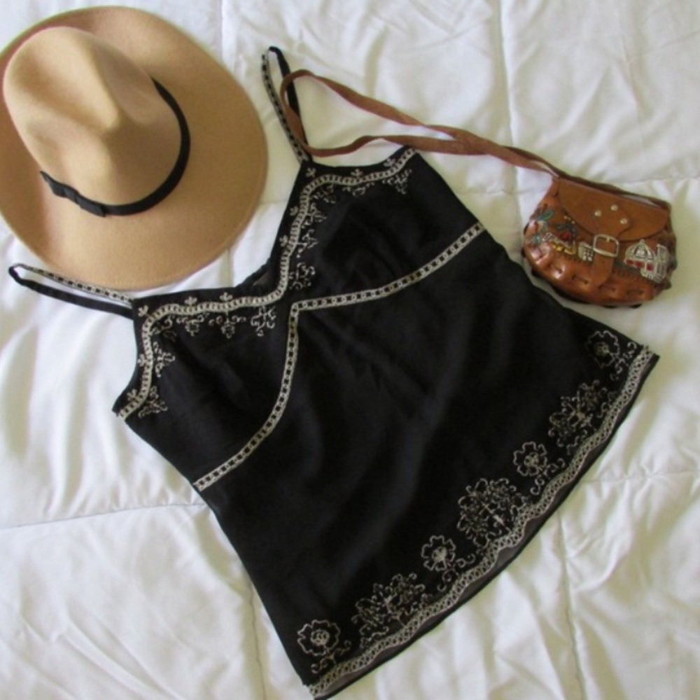 Boho Hippie Ann Taylor Embroidered Top Black