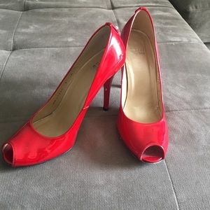 Stuart Weitzman Red Patent Leather Peep Toe Pumps