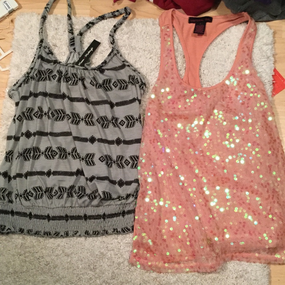Grey&black tribal print tank/pink sequined tank