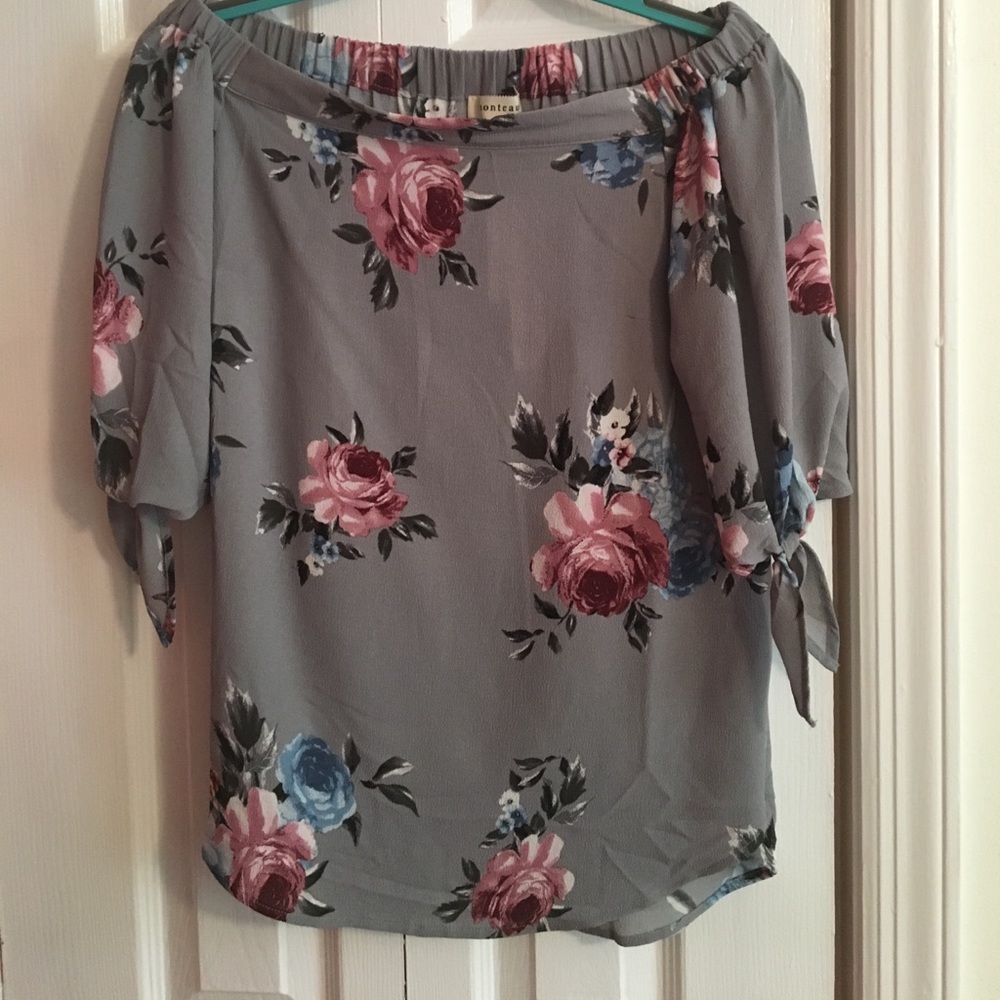 Gray off the shoulder shirt with flowers