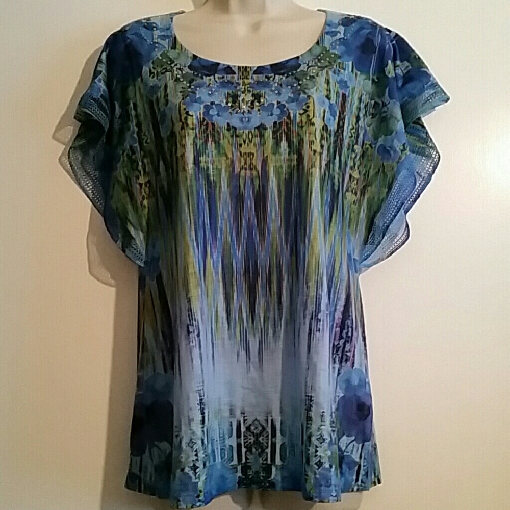 Blue, Green & Purple Floral Top w/ Flutter Sleeves
