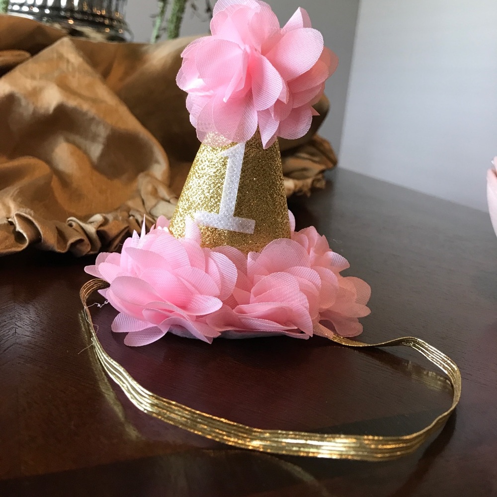 1st birthday girl headband hat. Pink with gold.