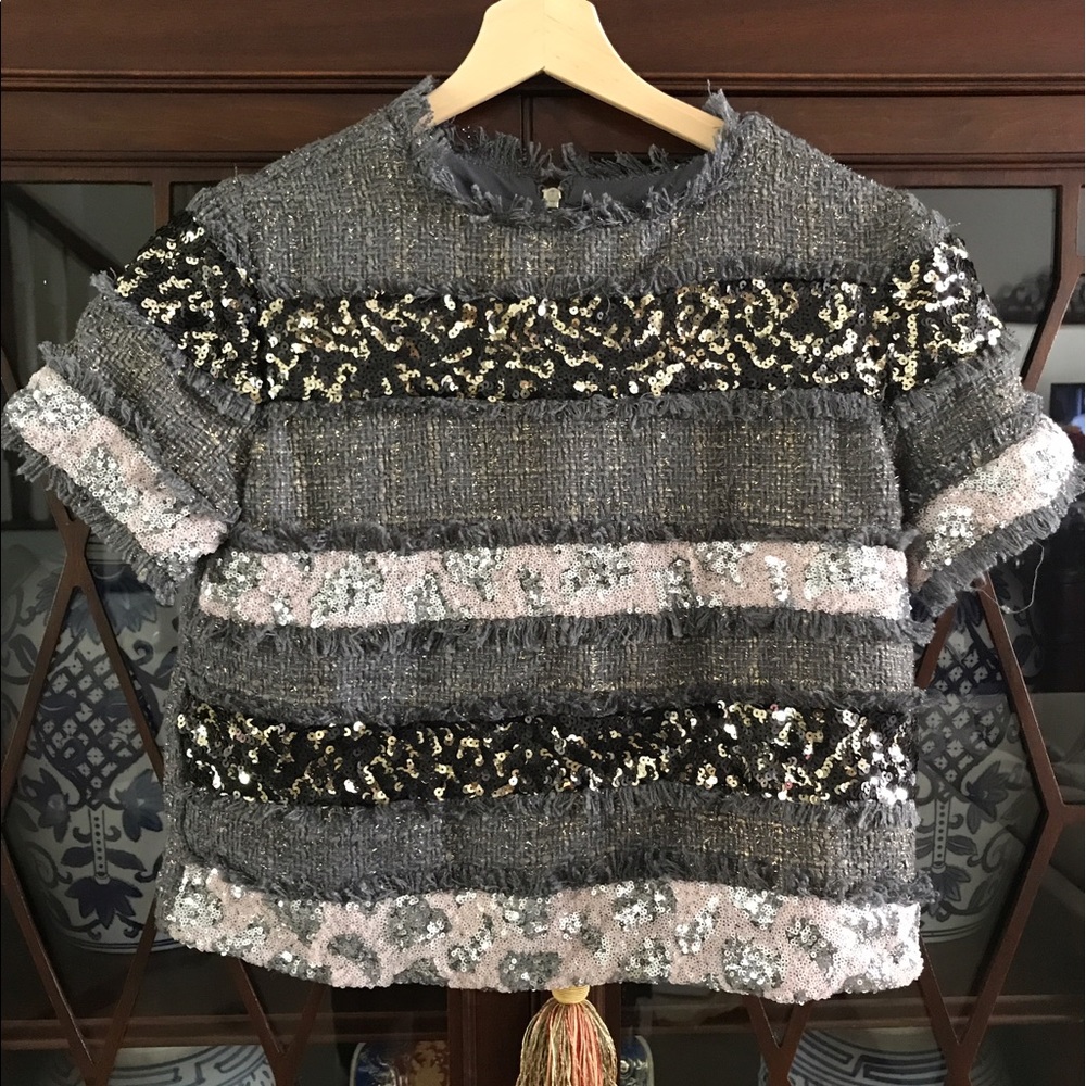 Short Sleeved Tweed Sequin Crop Top