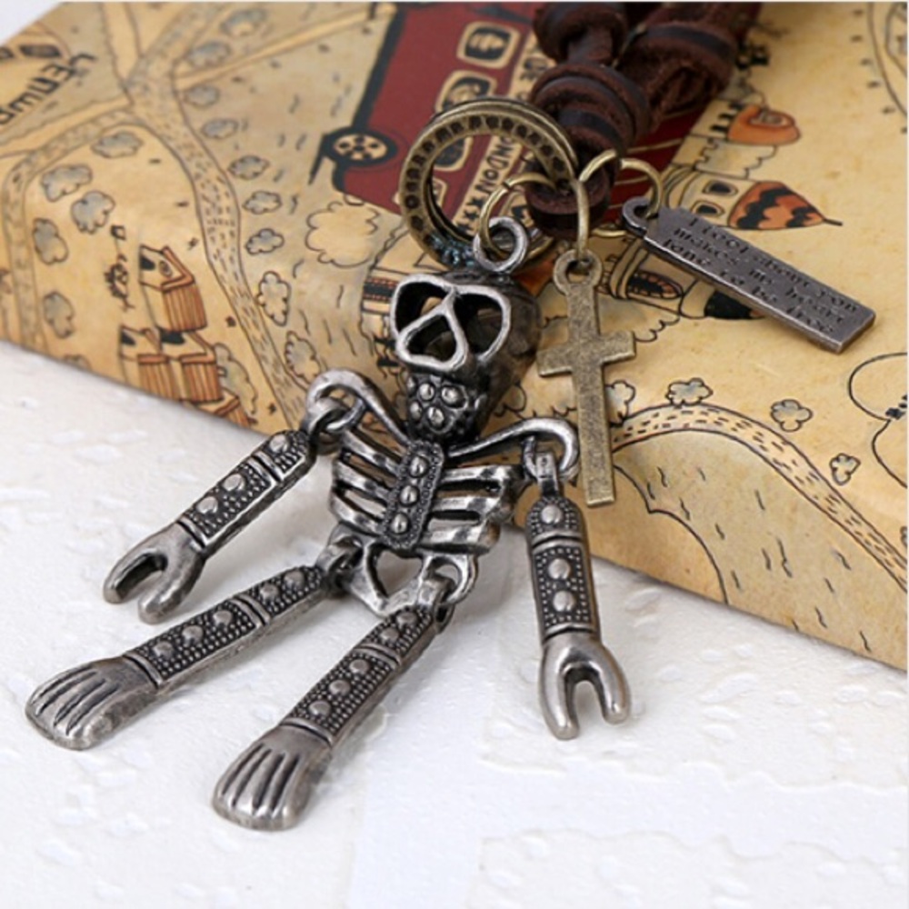 Genuine Leather Cord Necklace Skeleton Pendant
