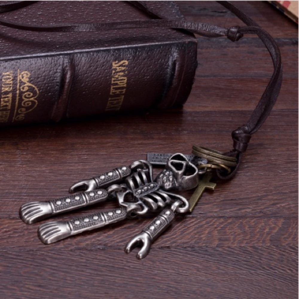 Genuine Leather Cord Necklace Skeleton Pendant - Picture 2 of 4