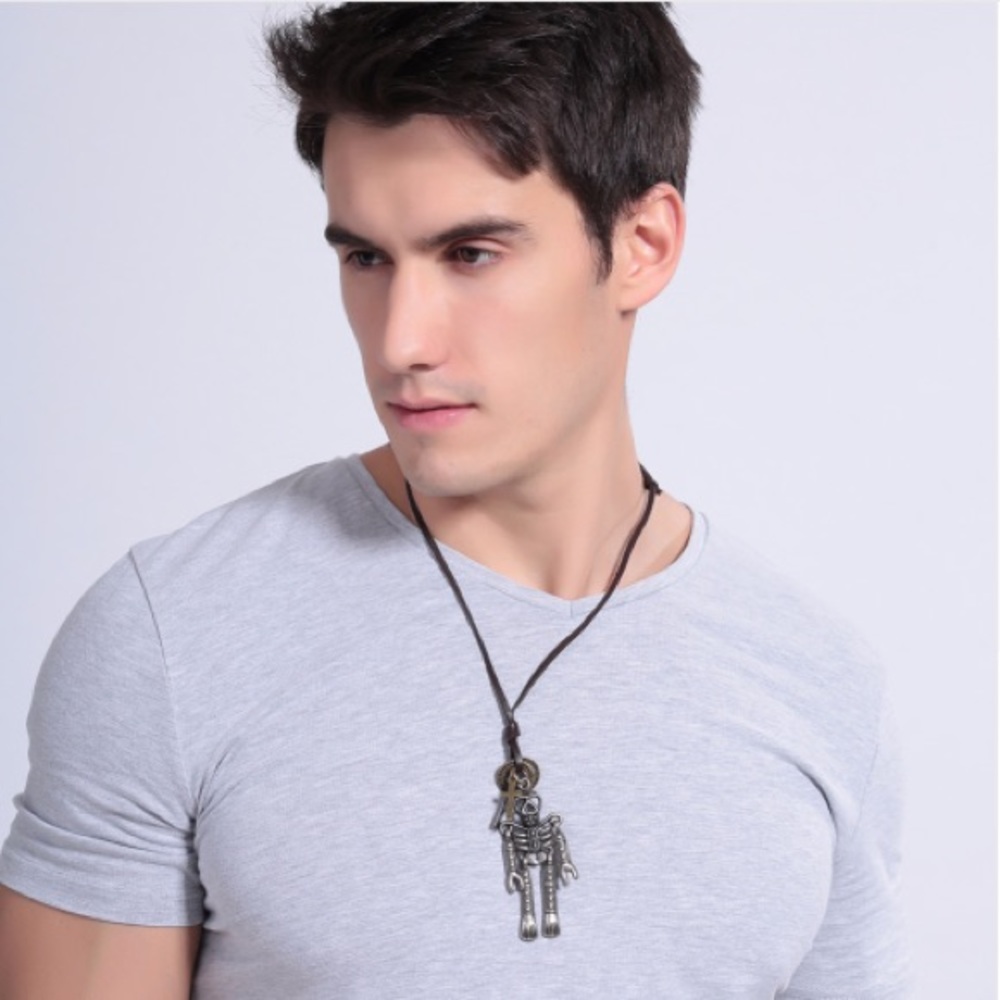 Genuine Leather Cord Necklace Skeleton Pendant - Picture 4 of 4
