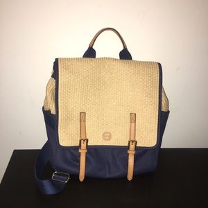 Tory Burch canvas and straw backpack