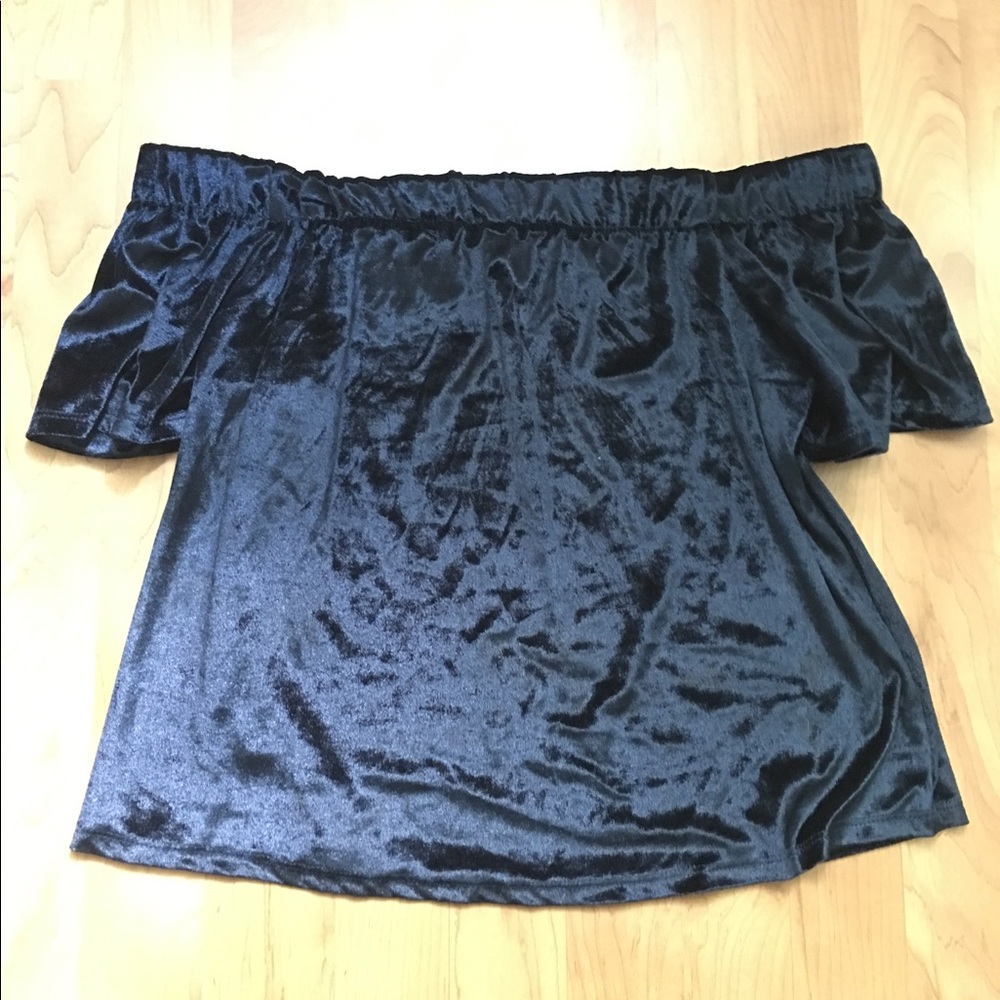 Navy velvet off the shoulder top