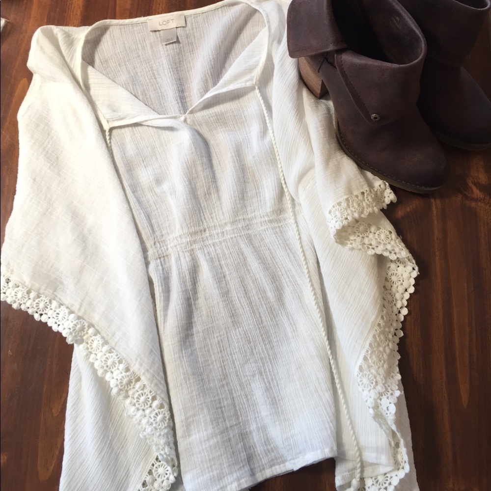 LOFT cinch waist flowy white blouse