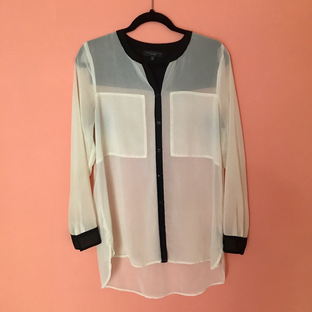 Cream and Black Sheer Button Down Blouse