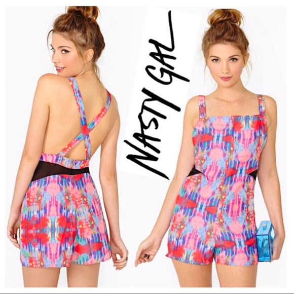 Nasty Gal Pants - Nasty Gal Blurred Bloom Mesh Panel Overall Romper