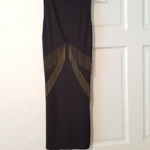 Arden B Simple Black Dress with Gold Fringe