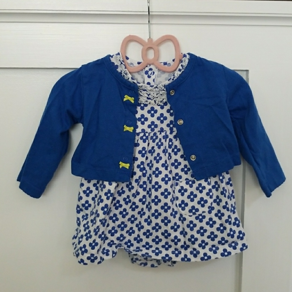 Blue and white dress with matching cardigan.