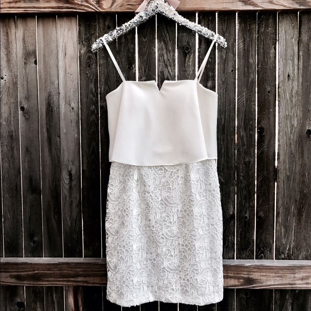 Aidan Mattox White Popover Crochet Cocktail Dress