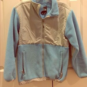 Blue and grey North Face jacket