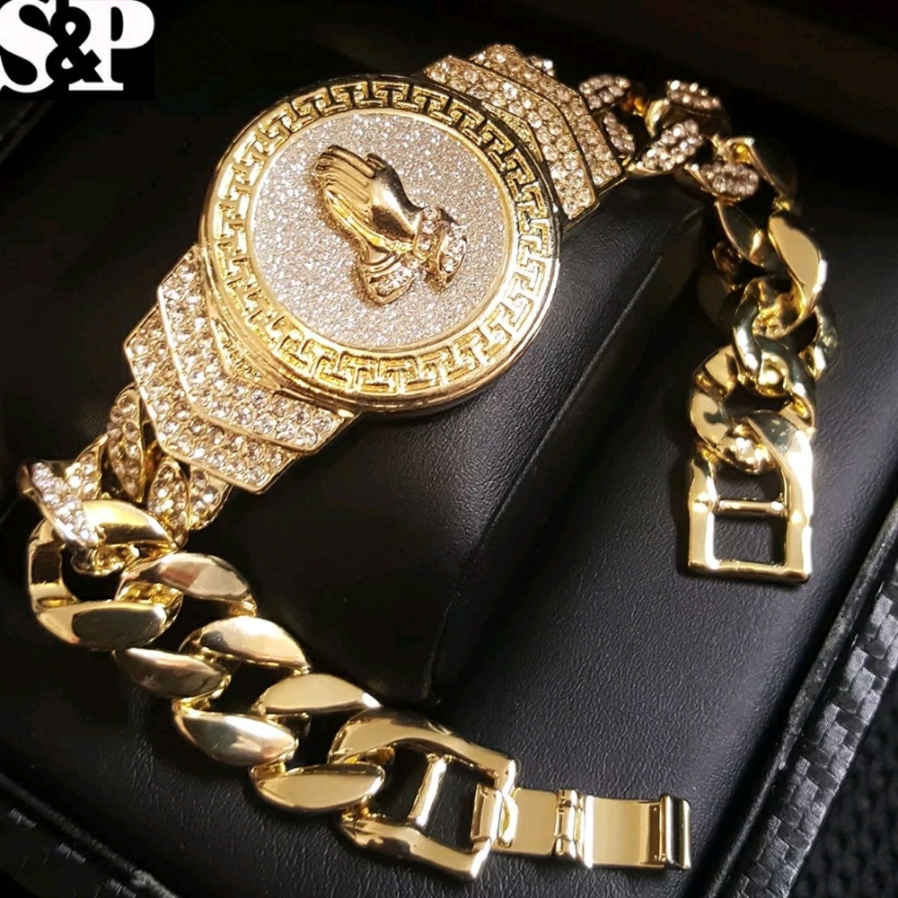 Men Hip Hop Iced Out Bling praying hands bracelet