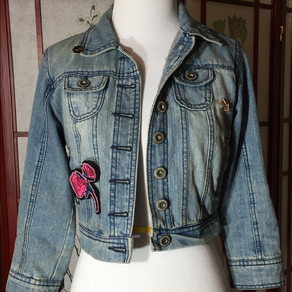 Jean Denim Distressed Patch Pins Street Jacket💯💘 - Picture 2 of 5
