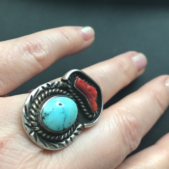 ❌SOLD❌•Old Pawn Turquoise & Coral Ring• - Picture 2 of 8