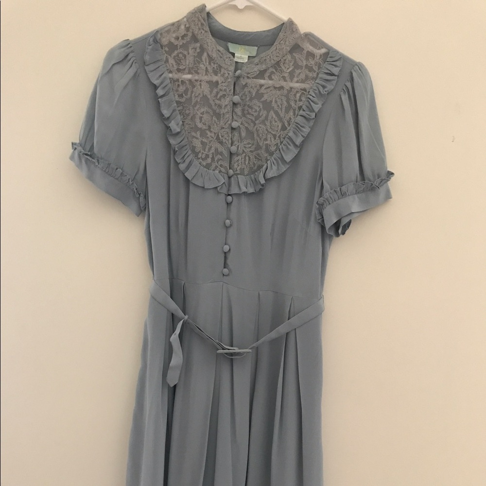 Anthropologie Blue silk dress with lace