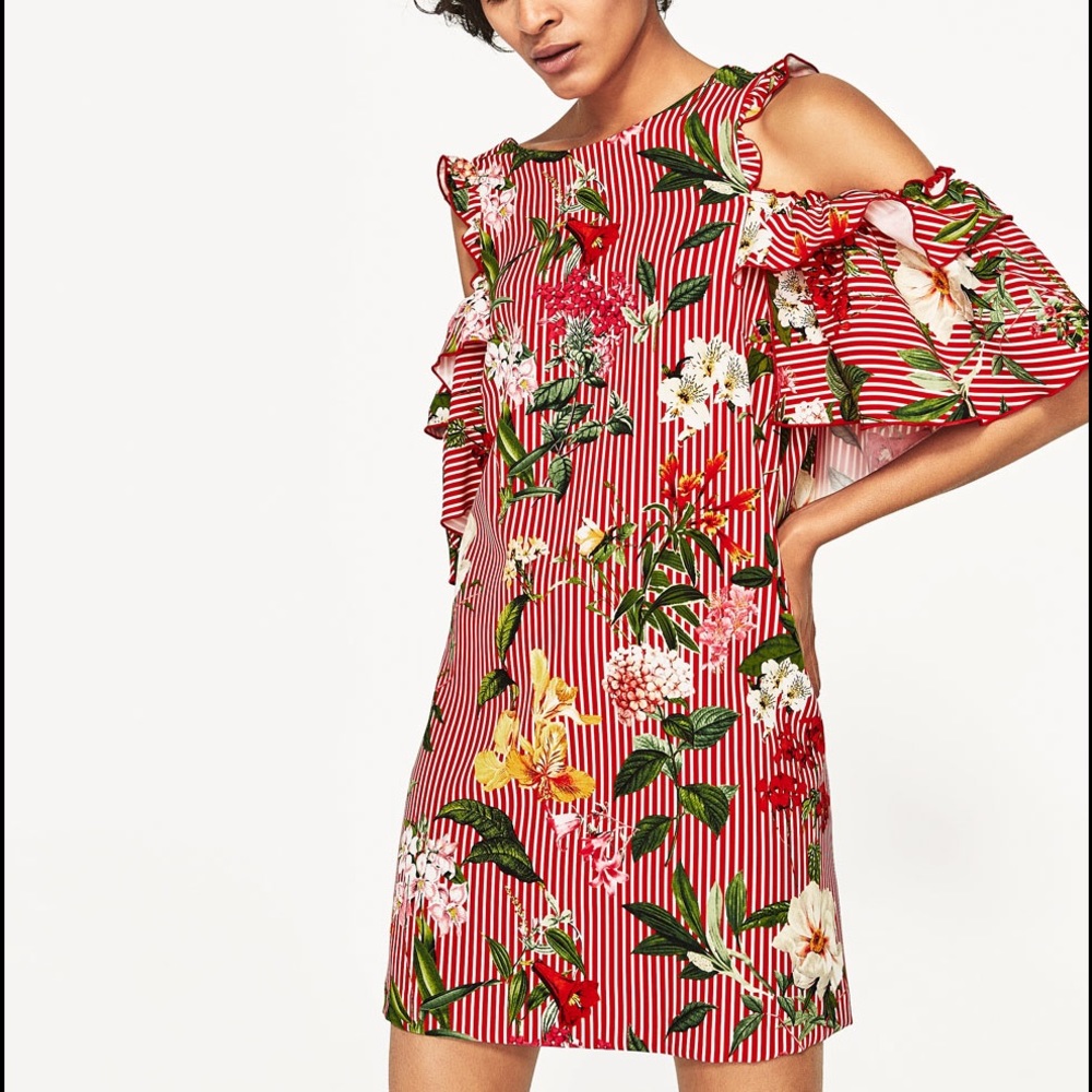 Zara Stripes and flower cold shoulder dress