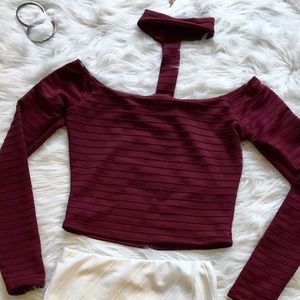 Burgundy halter neck long sleeved crop top