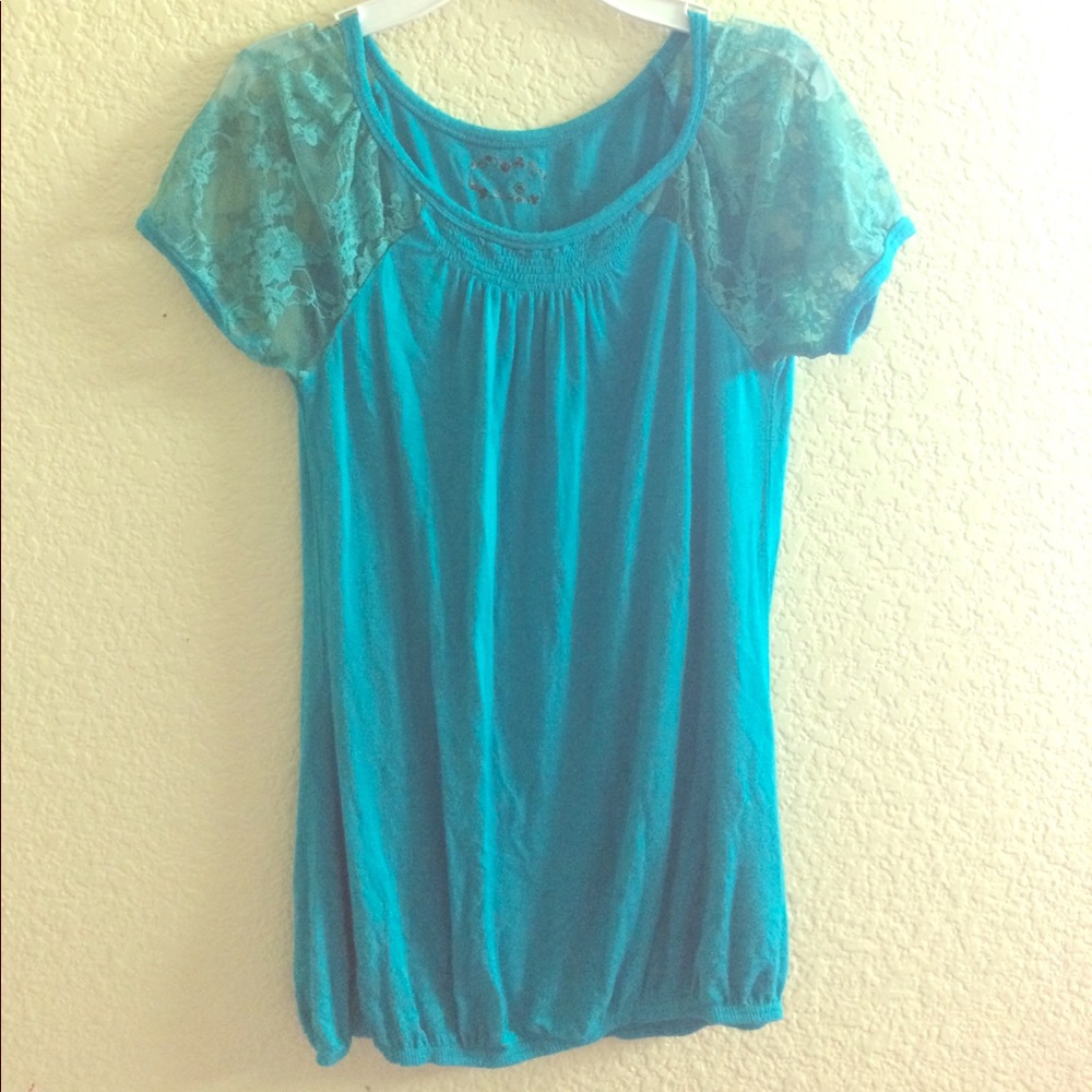 Blue-green Top with Net Embroidery Sleeves Size S