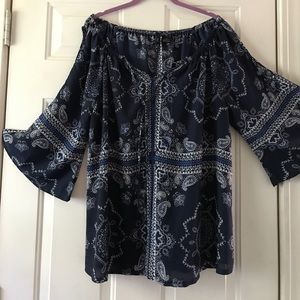 Shoulder cut out long sleeve navy blue shirt