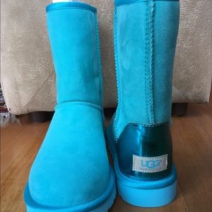 Turquoise UGGs with metallic heel accent